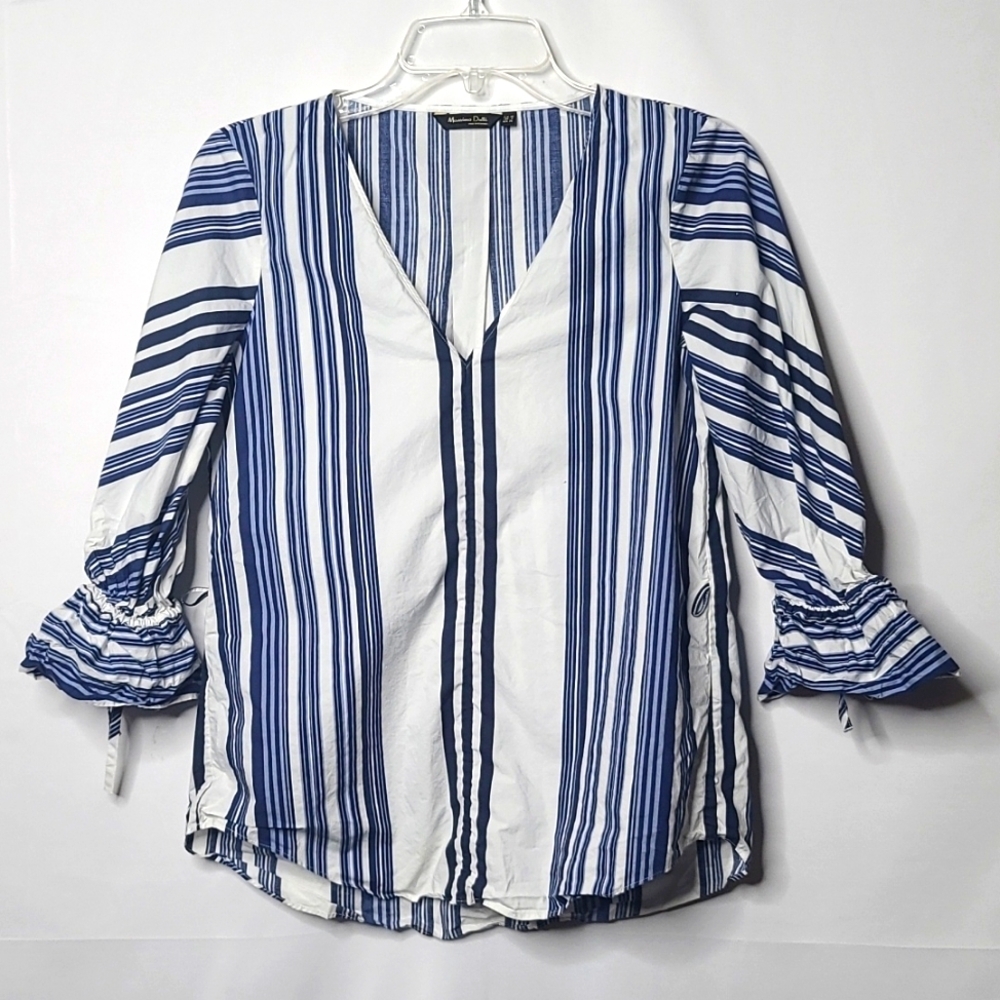 Massimo Dutti 3/4 sleeve cinched striped blue white vneck blouse top siz…